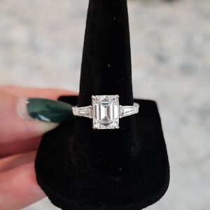Moissanite - Elegant Silver Ring Emerald Cut w/Baguettes On Each Side - Size 7